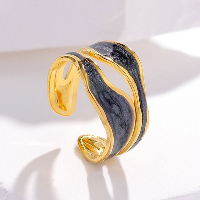 Anel Ajustável Abstract Gold & Noir em Aço Inox com Banho Ouro 18K - Ref. FP-73922