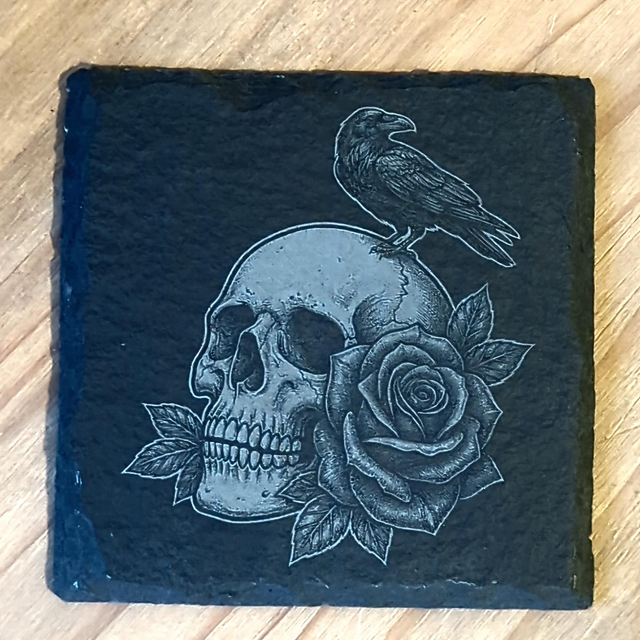 Raven, Skull and Rose Laser Engraved Slate Coaster 