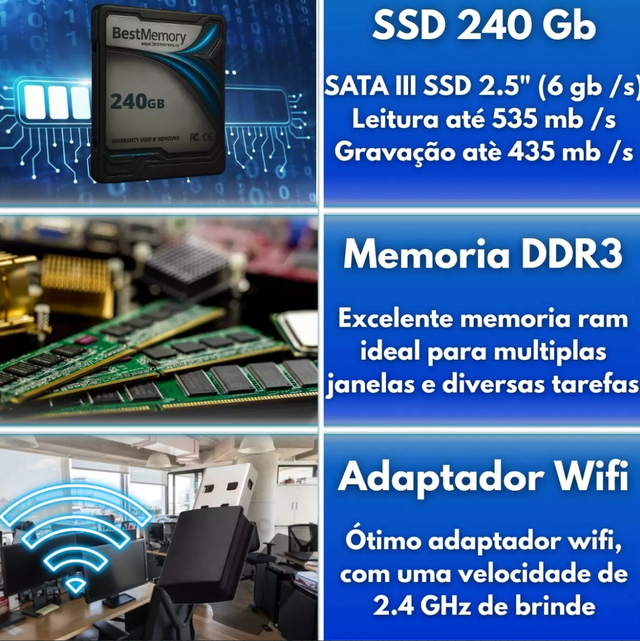 Computador Completo Intel Core i5 2ªG Memória 8GB SSD 240GB com Monitor Mouse Teclado Caixa de Som