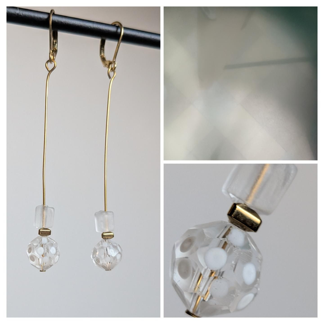 Boucles " cube et pois" longues verre transparent mat et brillant en acier inoxydable doré -sans nickel, pièce unique 