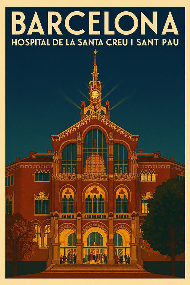 Póster de viaje vintage del Hospital de la Santa Creu i Sant Pau de Barcelona