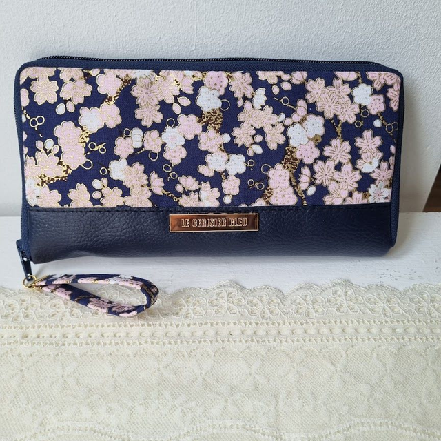 Portefeuille long zippé "Hinata" bleu & simili cuir bleu marine