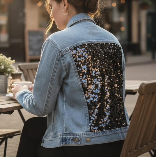 Veste en jean customisée sequins taille L
