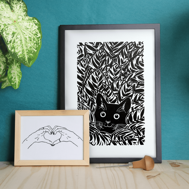 Linogravure A4 chat noir Berlioz