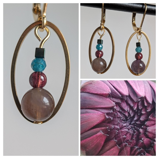 boucles d'oreilles en améthyste,grenat , verre et hématite ( pierres naturelles) en acier inoxydable doré -sans nickel 