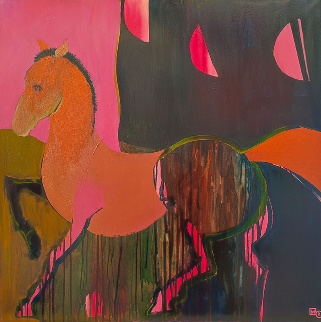 Nocny koń, 100x100 akryl gwasz akwarela płótno