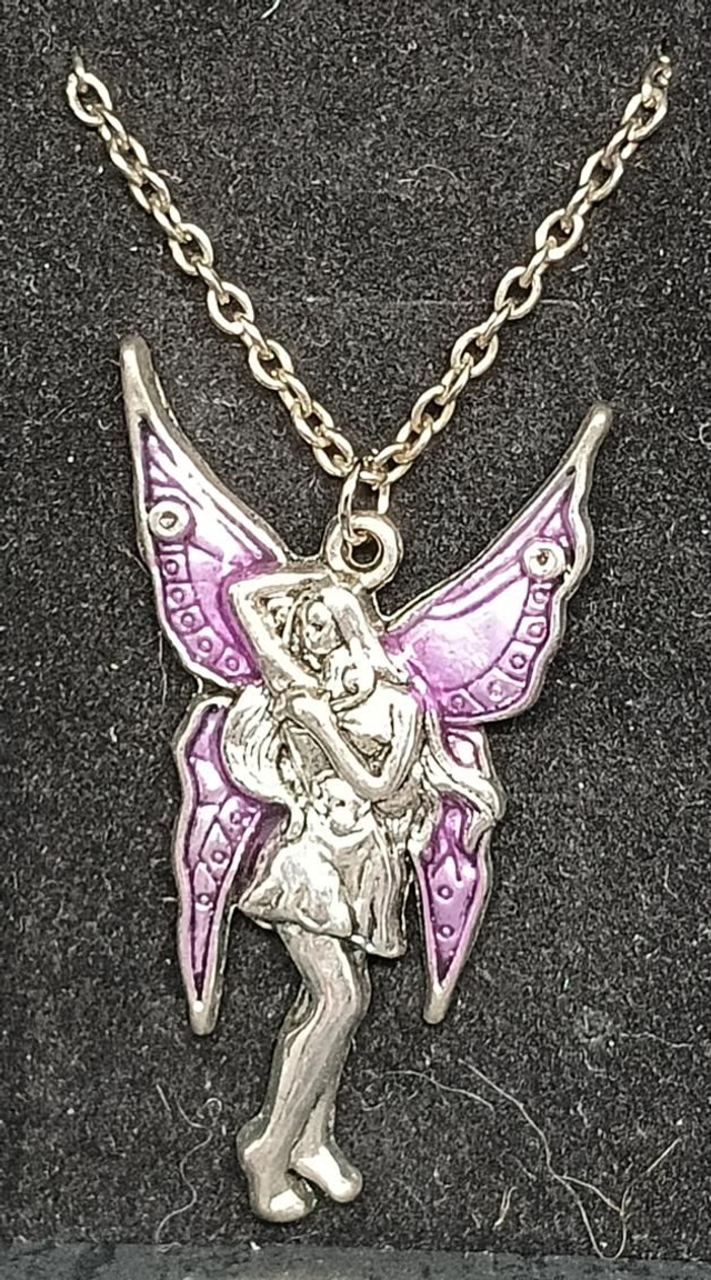 Purple Winged Silver Fairy Pendant Necklace.
