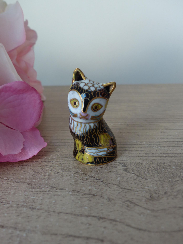 Figurine chat miniature cloisonné vintage, petite statue chat en cuivre, décoration maison intérieur, collection petits animaux cloisonnés