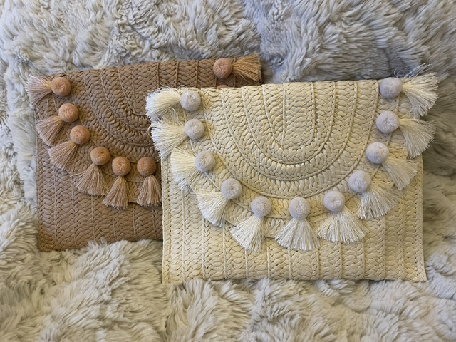 Straw Pom Pom Clutch Bag