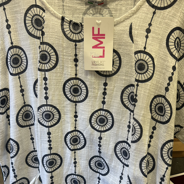 LMF - White Linen Dress with Blue Circle Pattern with Pockets - Free Size - 1943