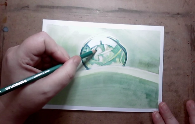 Water droplets in watercolour pencil