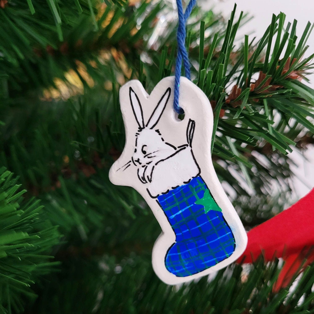 Suspension Lapin et chaussette de Noël bleue
