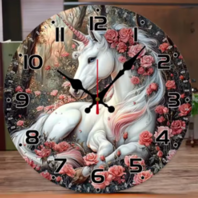 Ronde wandklok van hout Eenhoorn met bloemen (25cm)