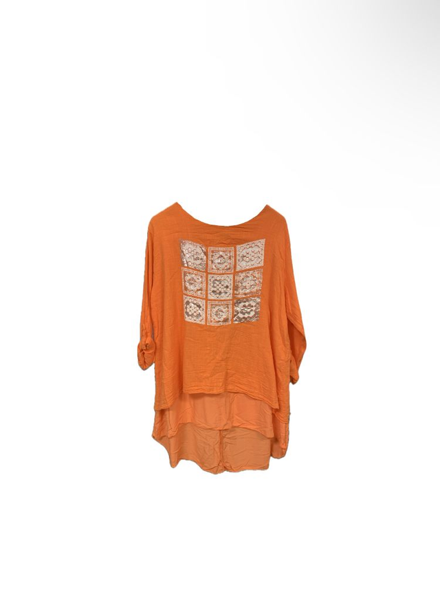 LMF - Orange Double Layer Linen Top with Silver Square Design - 142