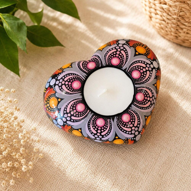 Bougeoir cœur mandala en plâtre résine – Orange, rose &amp; mauve – Peint à la main