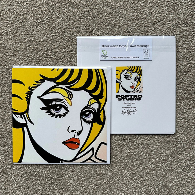 Comic Girl Pop Art Greeting Card, White Envelope, Blank Inside, Recyclable Wrap, Professionally Printed.