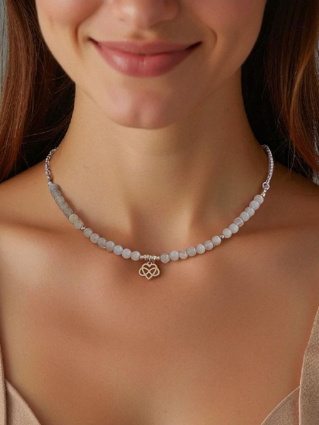 Ras de cou Argenté "Aigue Marine" &amp; Symbole Sacré – Bijou lithothérapie