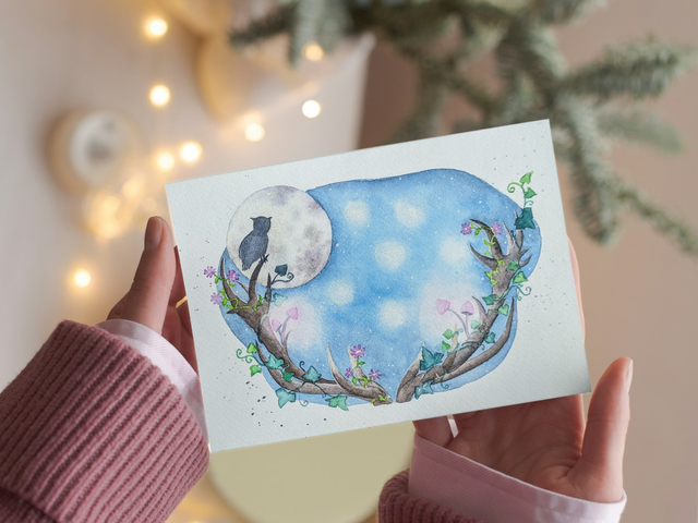 Les bois à la pleine lune, aquarelle originale Forêt enchantée