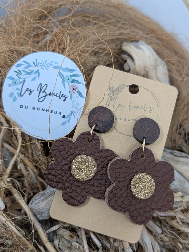 Boucles d&#039;oreilles fleur rétro m1146 marron doré 