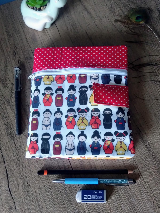 Kokeshi dolls fabric sketchbook cover with pencil case 