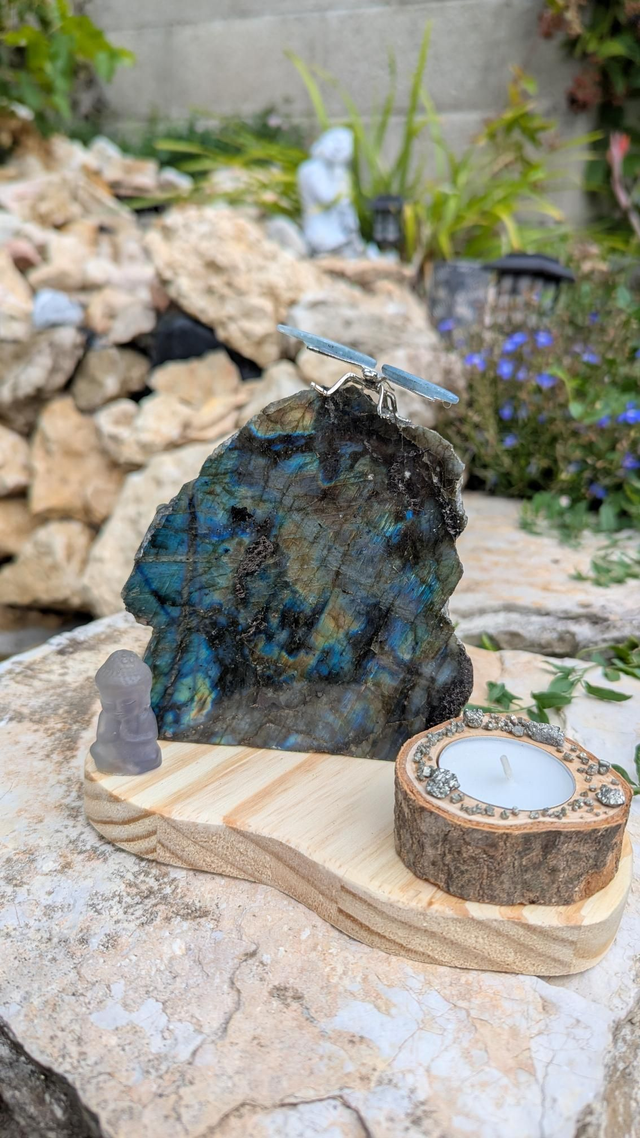 Bougeoir Labradorite Libellule de Calcite bleue et Bouddha en Fluorite 