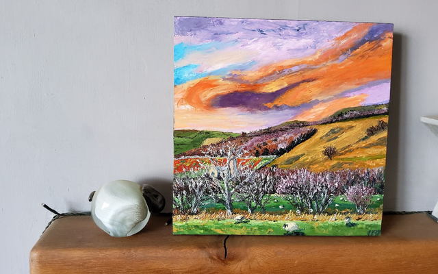 Firery sunset over Marrick Priory, Swaledale. Original textured oil painting, on 10x10" wooden canvas. 
