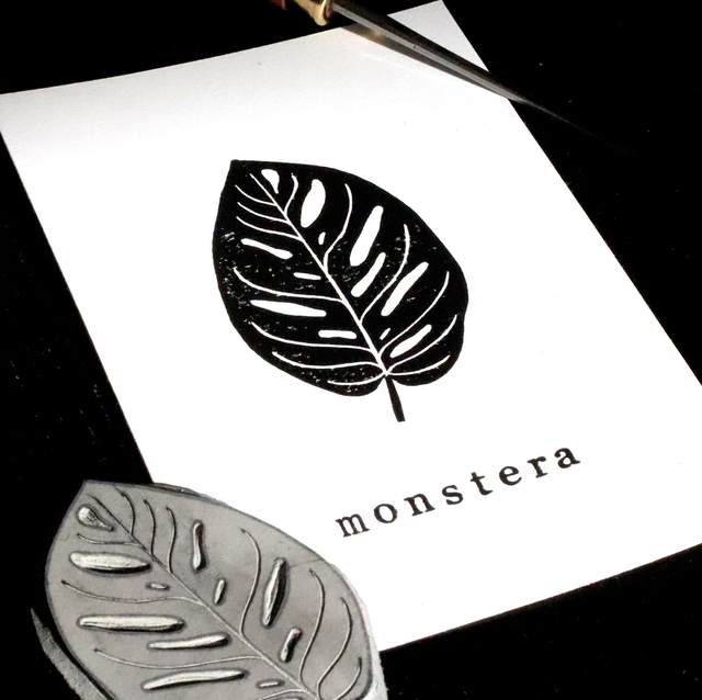 Linogravure A6 feuille de Monstera Adansonii
