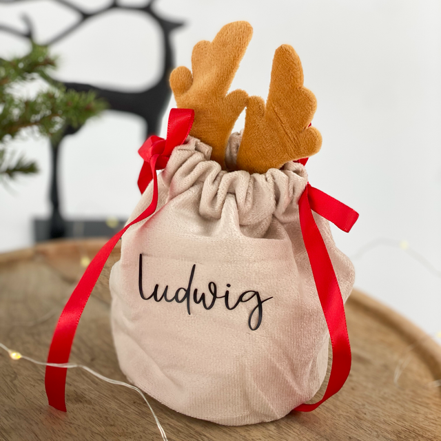 Personalisiertes Samtsäckchen mit Geweih - edel & handgemacht für Nikolaus