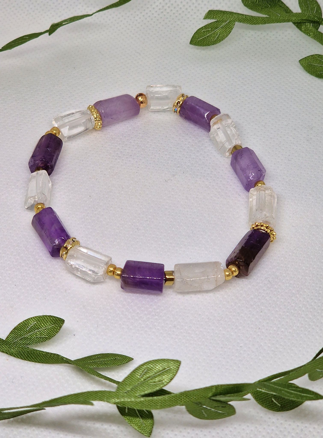 Bracelet Améthyste et Cristal de roche forme tube