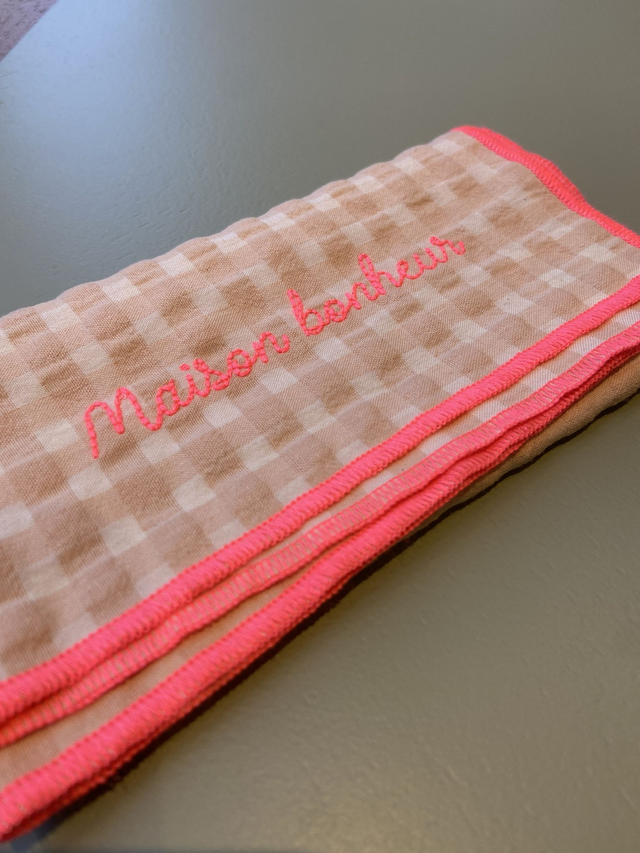 Serviette de table - Vichy petits carreaux beige - broderie Maison Bonheur