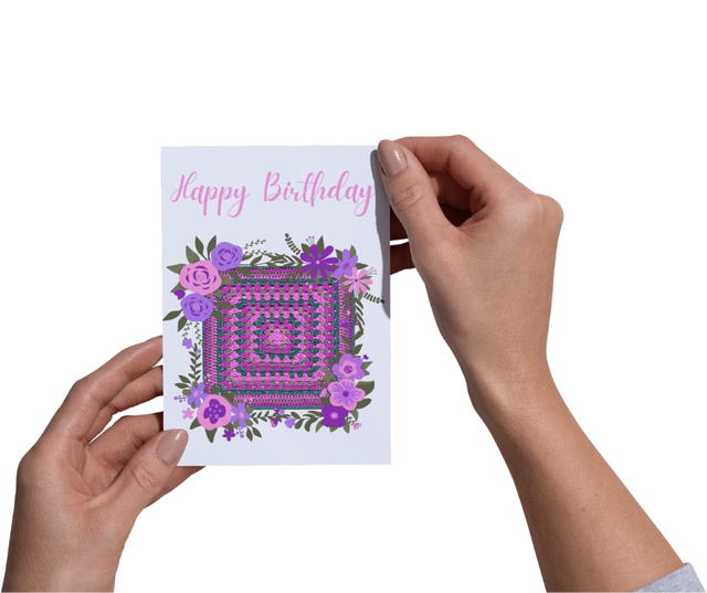 Birthday Card - A5 Printed Crochet Granny Square &amp; Flowers