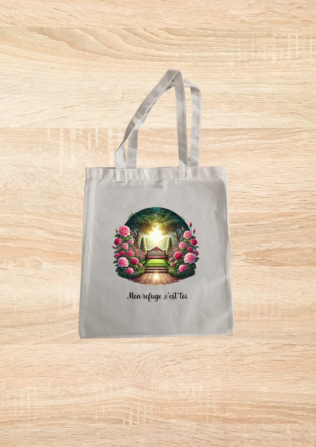 Sac fourre tout motif banc avec ses roses rose qui l&#039;entour 