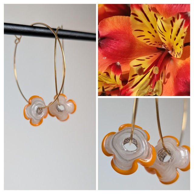 Créoles fleurs en verre artisanal transparent et orange, acier inoxydable argent -sans nickel -