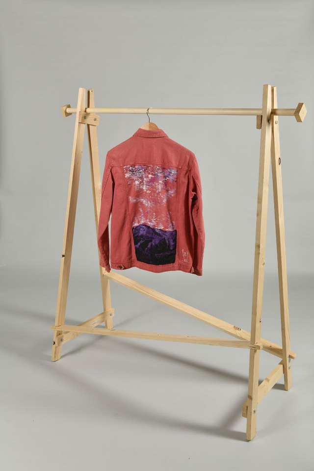 veste en jeans Springfield de seconde main peinte à la main - œuvre paysage montagne levé de soleil