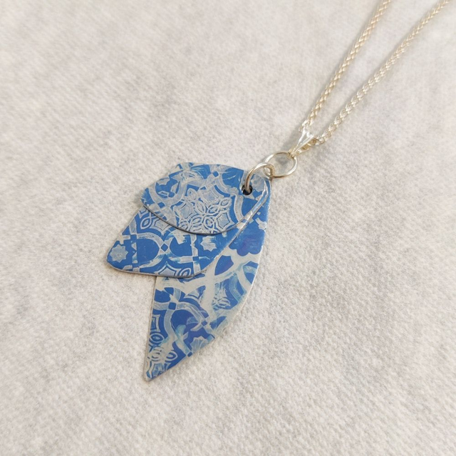 Blue Abstract Trio Pendant on Silver Spiga Chain