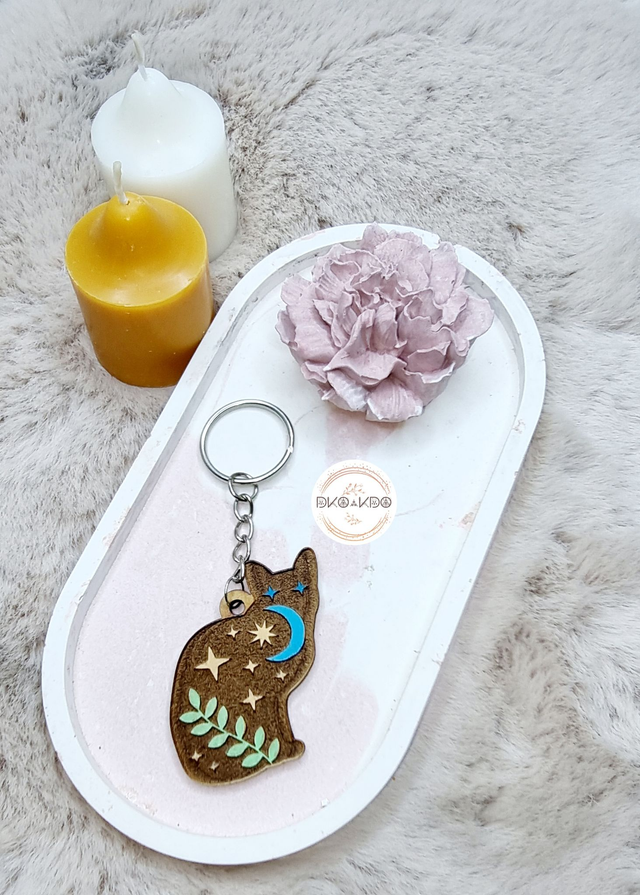 Porte clé en bois Moon Cat