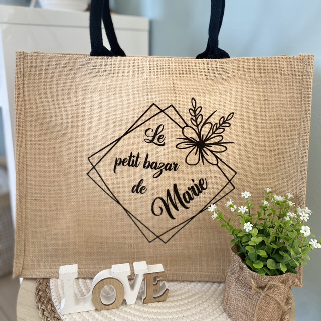 Grand sac en jute carré fleur : Le petit bazar de …