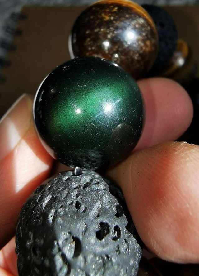 Bracelet en Obsidienne XXL (dont pierre sculptée) Oeil de tigre et Pierre de lave - 18/24mm