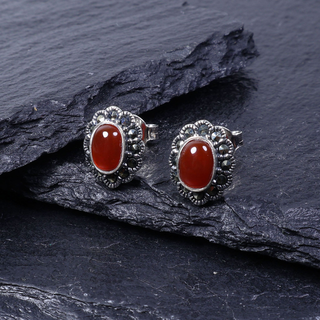 Vintage Sterling Silver 925 Art Deco Style Small Oval Cut Orange Carnelian Marcasite Gemstone August Birthstone Cluster Design Stud Earrings