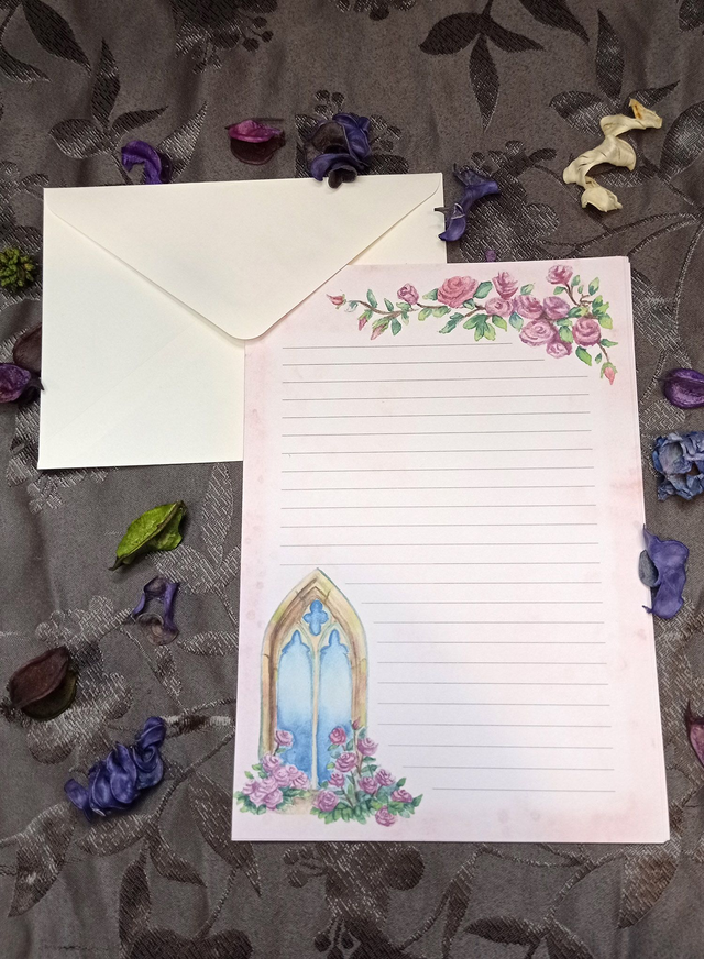 Papier à lettres gothique aux roses – Set artisanal fantasy