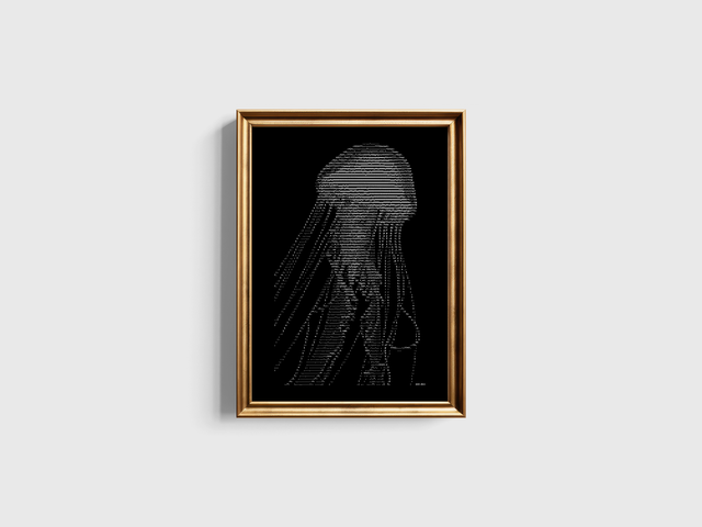 A3 Schreibmaschinenbild Qualle in Weiß auf Schwarz