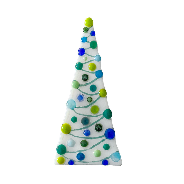 Tealight in solid white fused glass with various tones of green blue and turquoise dots (Ref TLCT 3)