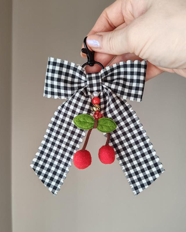 Gingham cherry bag charm/keychain 