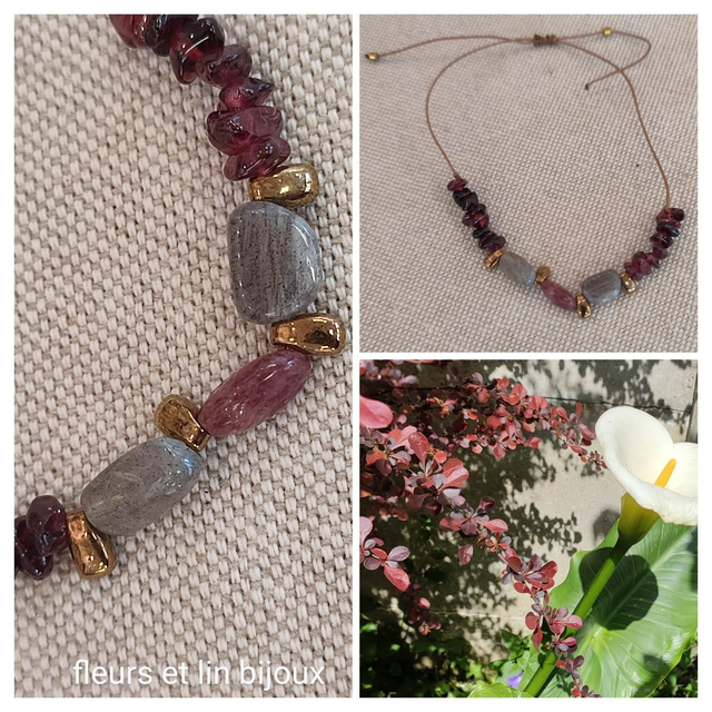 Z-Bracelet pierres naturelles : labradorite,grenat, quartz fraise réglable avec fil de jade