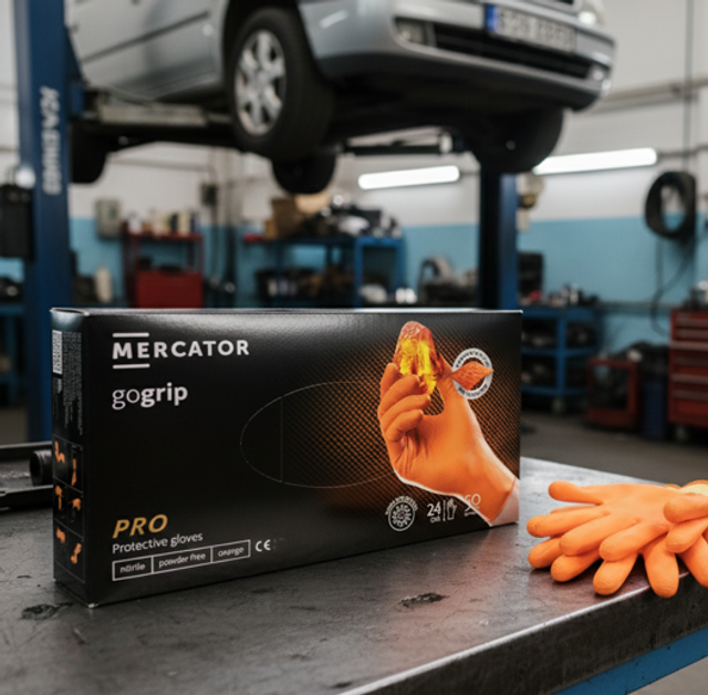 Nitrilové rukavice - oranžové, silné, vroubkované 100ks MERCATOR