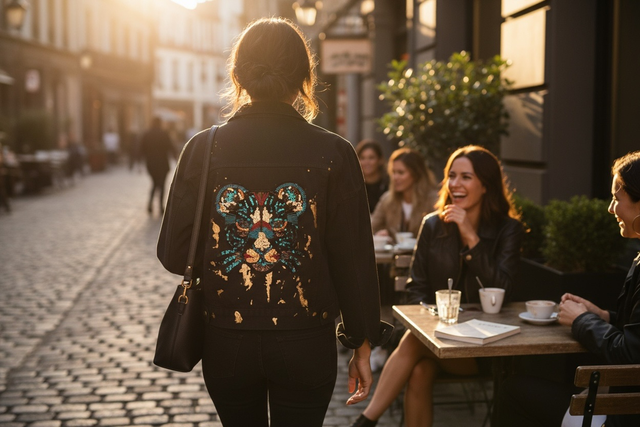 Veste en jean noire customisée patch et peinture 38/40