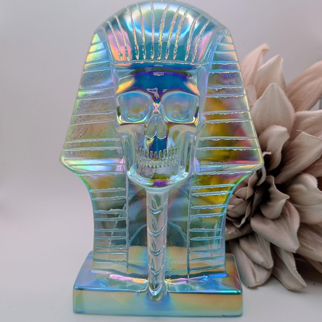 High Quality Hand Carved Crystal Skull - 7" Pharoah Aura Coated Blue Obsidian 