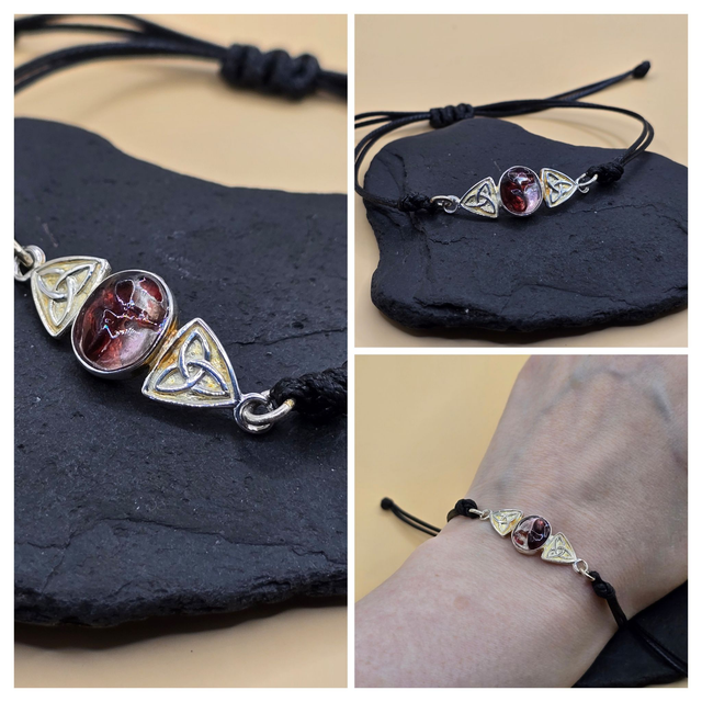 925 Rare Purples Cord Bracelet Sterling Silver &amp; Seaglass with Celtic Design