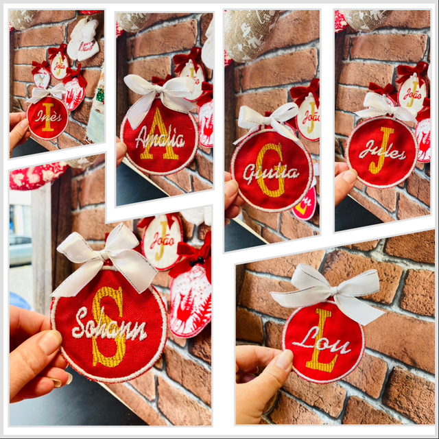 Boule de noël rouge brodé personnalisé 