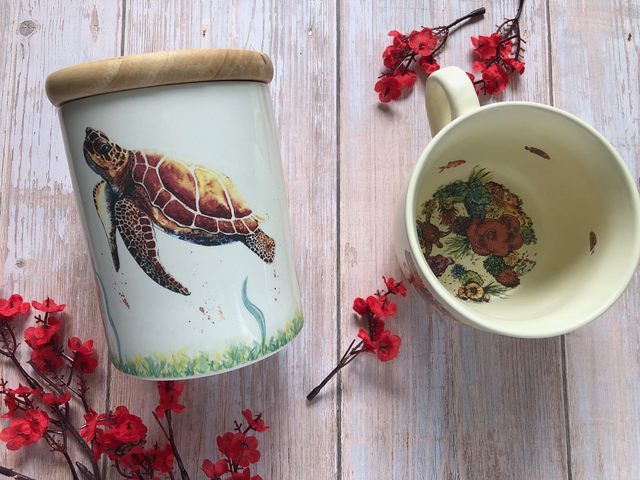 Turtle and coral reef upcycled ceramics
